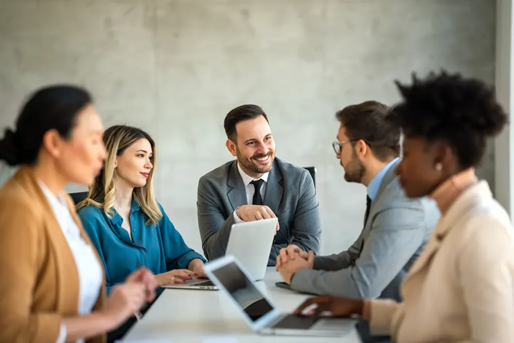 Investment Banking 3 successful business professionals presenting analysis